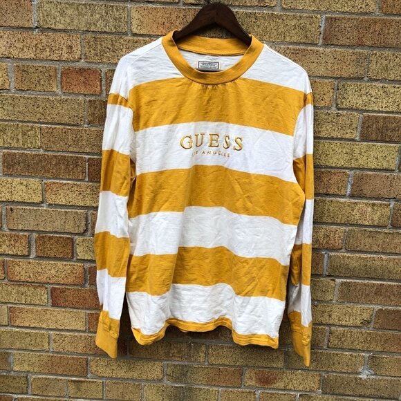 Striped Guess Shirt Crewneck Sweater Large Yellow/White - Picture 6 of 6